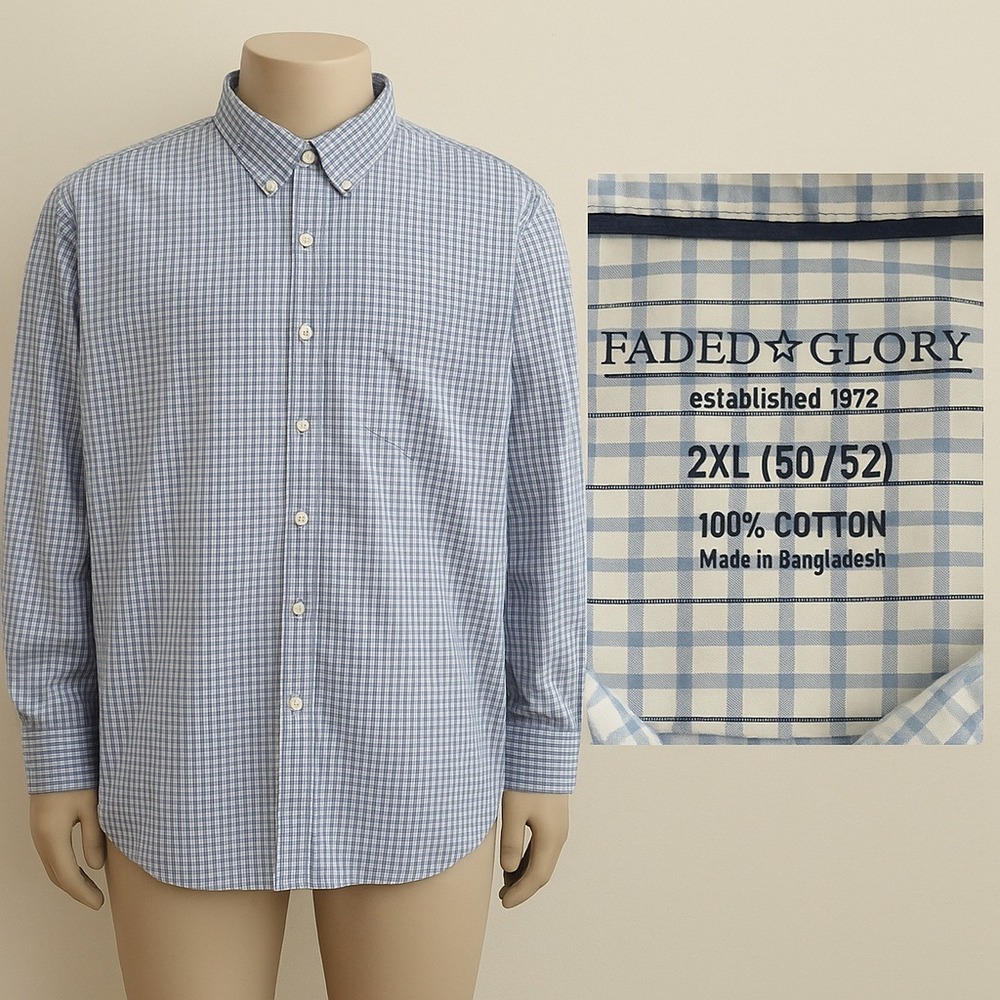 Faded Glory Men Button Down Shirt 2XL 100% Cotton‎ Plaid Preppy Office Vacation